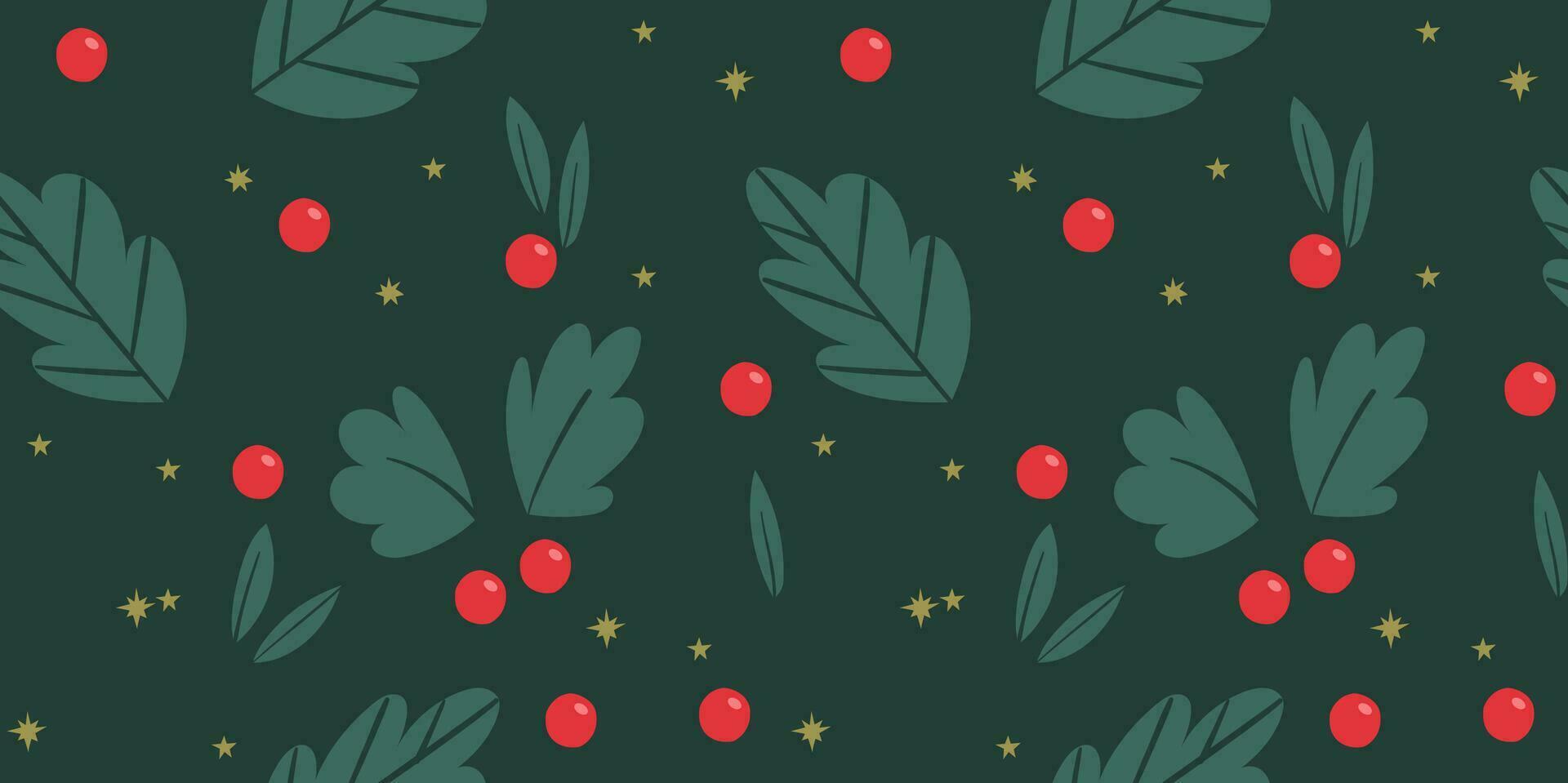 Christmas seamless pattern with holly berries, stars and leaves. vector