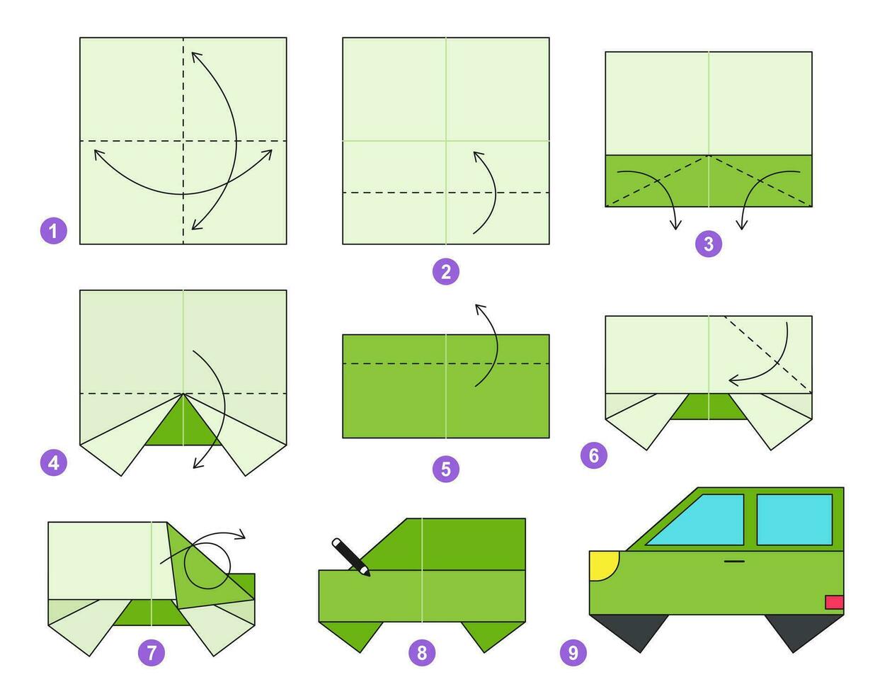 Car origami scheme tutorial moving model. Origami for kids. Step by step how to make a cute origami transport. Vector illustration.