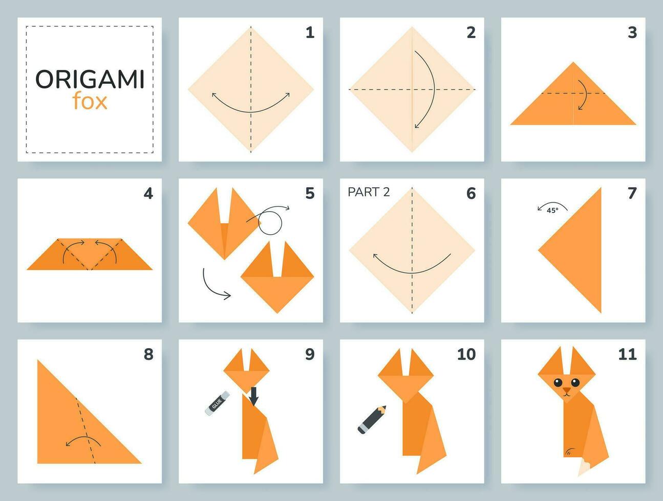 Fox origami scheme tutorial moving model. Origami for kids. Step by step how to make a cute origami fox. Vector illustration.