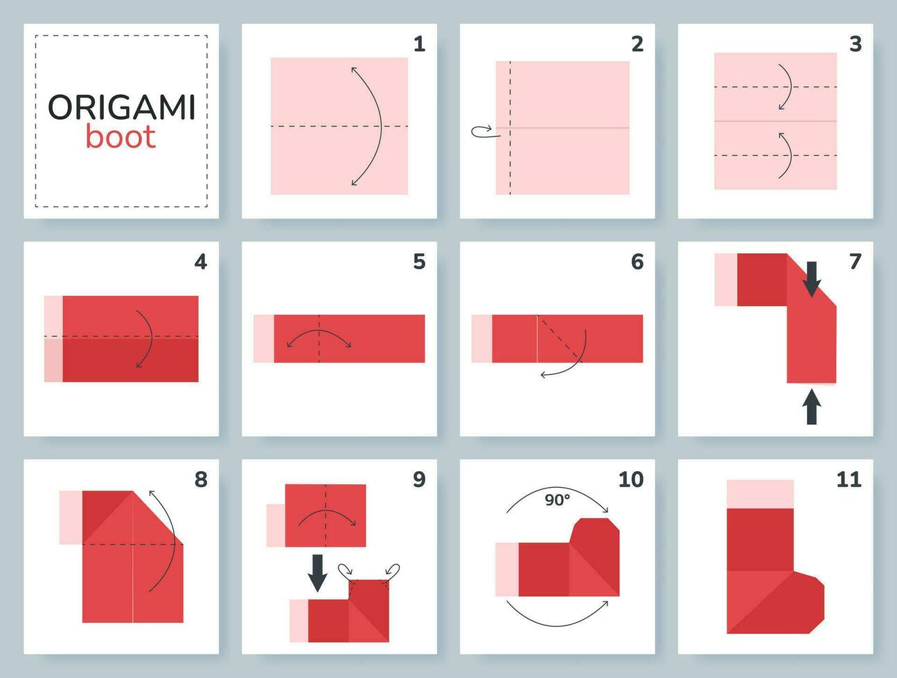 Boot origami scheme tutorial moving model. Origami for kids. Step by step how to make a cute origami boot. Vector illustration.