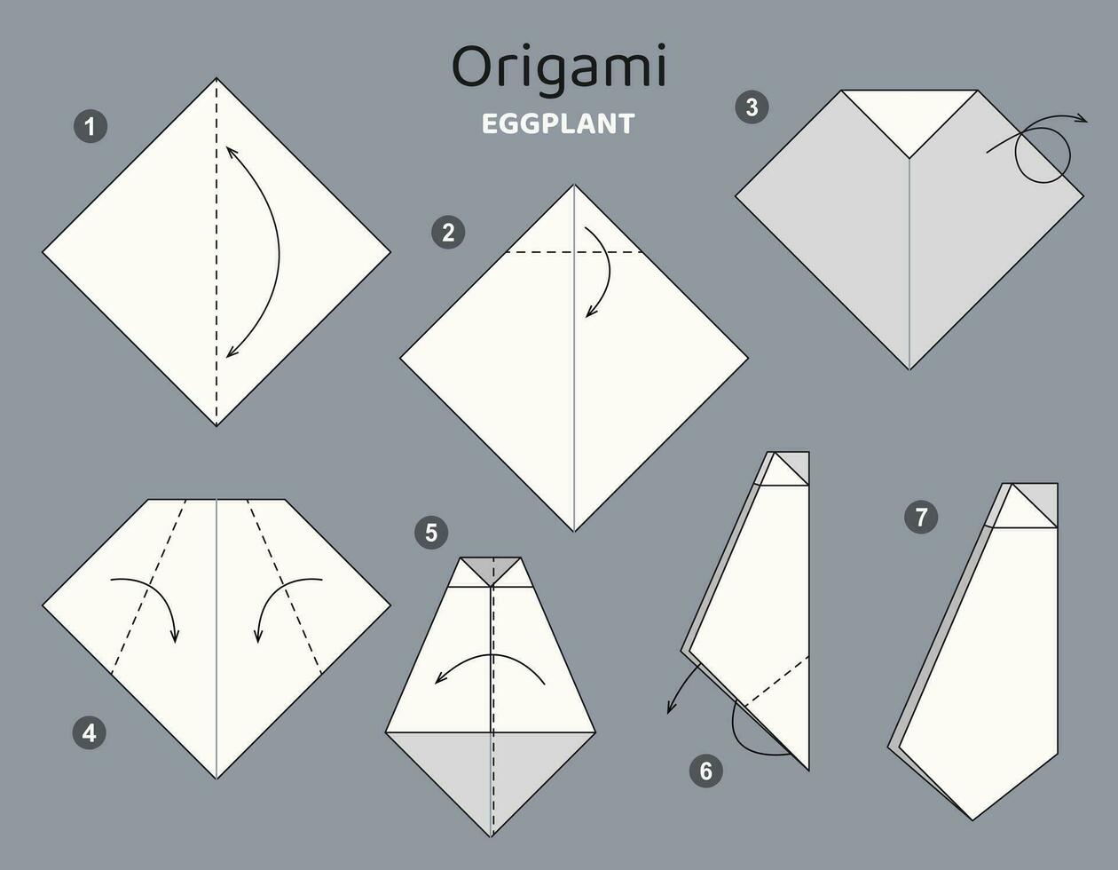 Eggplant origami scheme tutorial moving model. Origami for kids. Step by step how to make a cute origami vegetable. Vector illustration.