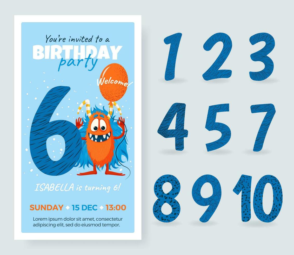 contento cumpleaños tarjeta con linda dibujos animados monstruo, número y globo. cumpleaños aniversario números desde 1 a 10 para diferente edad. cumpleaños fiesta invitación tarjeta, aislado modelo para niños. vector. vector