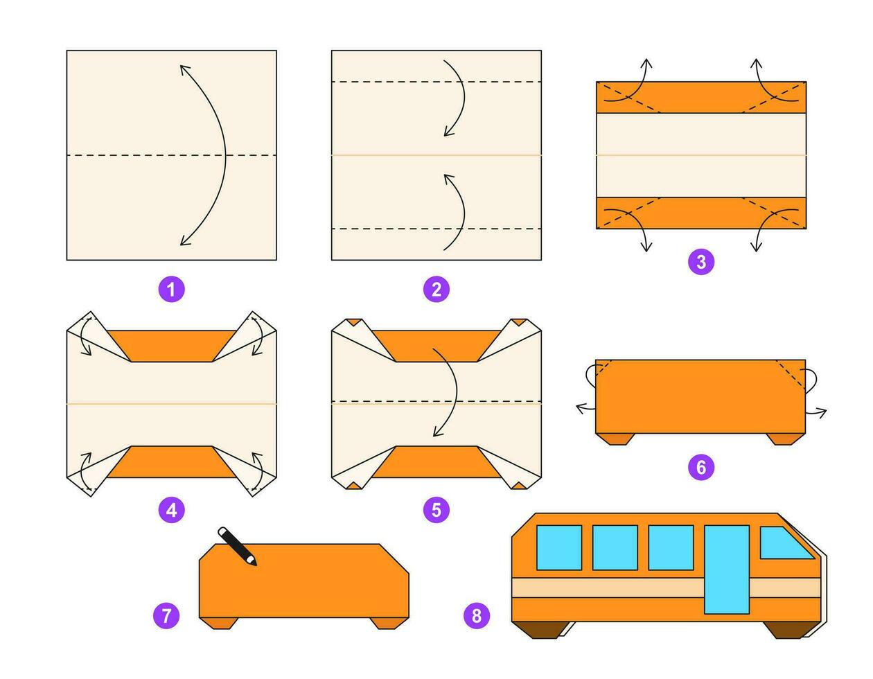 School bus origami scheme tutorial moving model. Origami for kids. Step by step how to make a cute origami transport. Vector illustration.