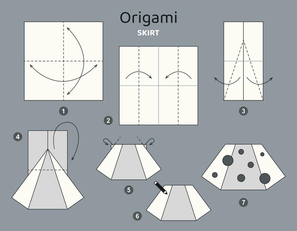 Skirt origami scheme tutorial moving model. Origami for kids. Step by step how to make a cute origami clothing. Vector illustration.