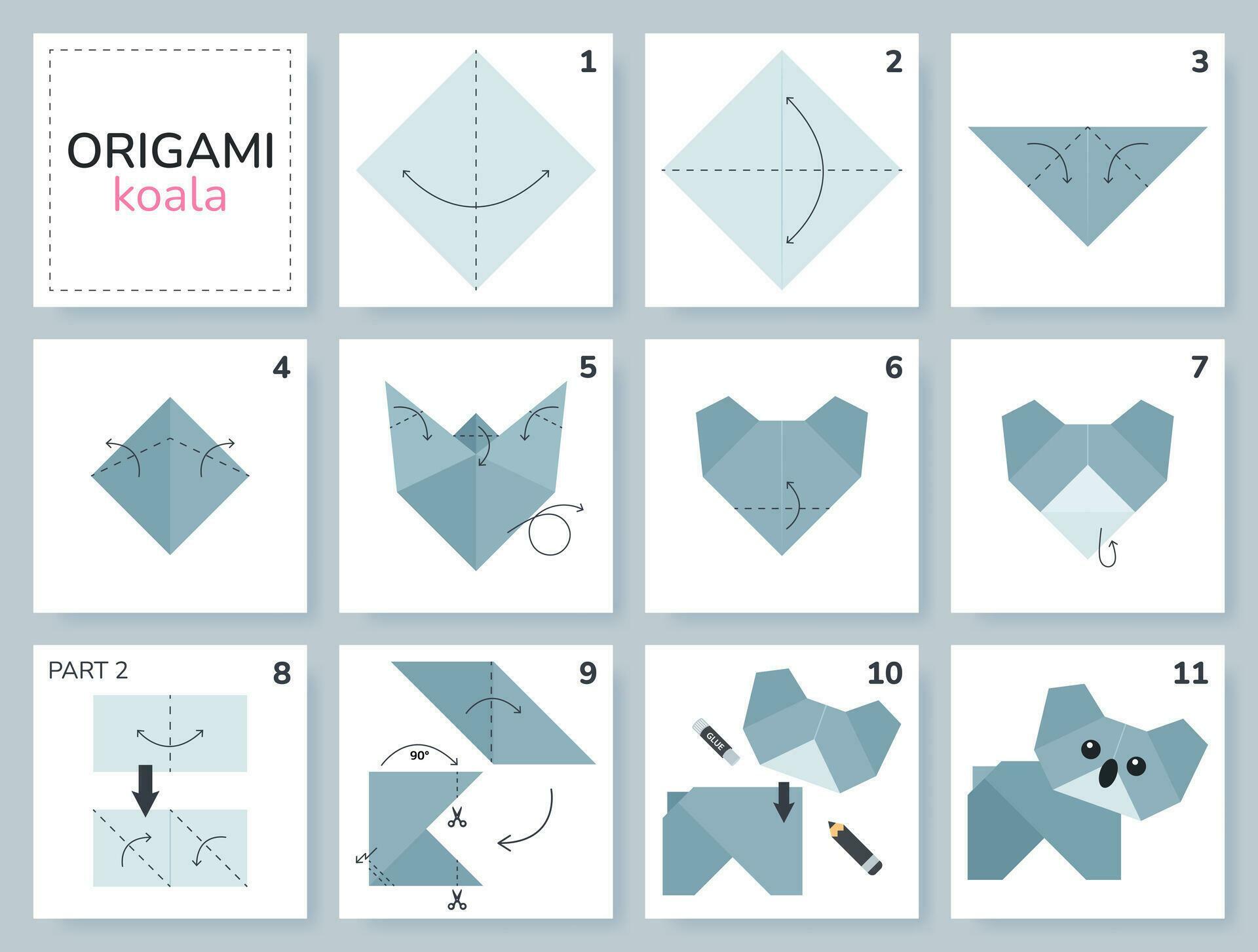 Koala origami scheme tutorial moving model. Origami for kids. Step by step how to make a cute