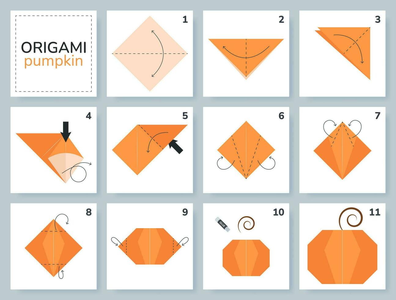 Pumpkin origami scheme tutorial moving model. Origami for kids. Step by step how to make a cute origami vegetable. Vector illustration.