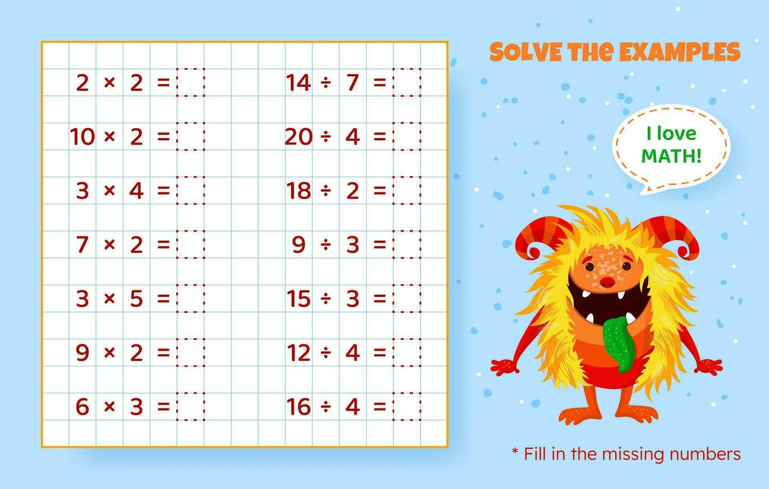 Solve the examples. Multiplication and division up to 20. Mathematical puzzle game. Worksheet for preschool kids. Vector illustration. Cartoon educational game with cute monster for children.