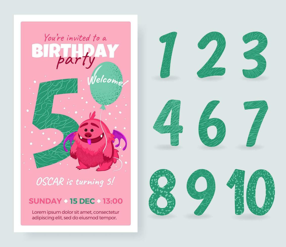 contento cumpleaños tarjeta con linda dibujos animados monstruo, número y globo. cumpleaños aniversario números desde 1 a 10 para diferente edad. cumpleaños fiesta invitación tarjeta, aislado modelo para niños. vector. vector