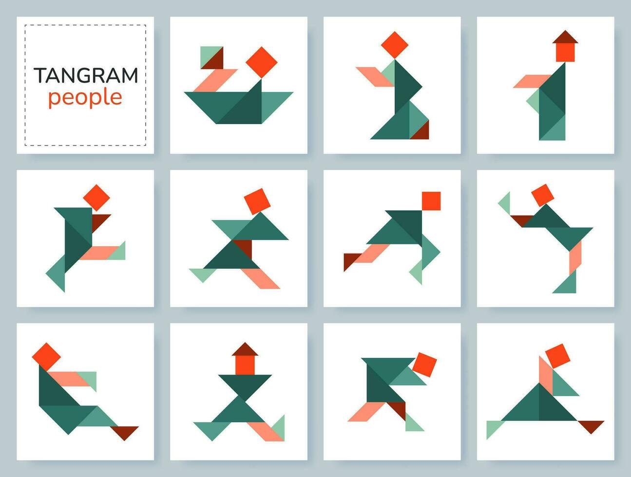 Tangram puzzle game for kids. Colorful geometric collection with isolated people in various poses. isolated Tangram people icons on white backdrop. Vector illustration