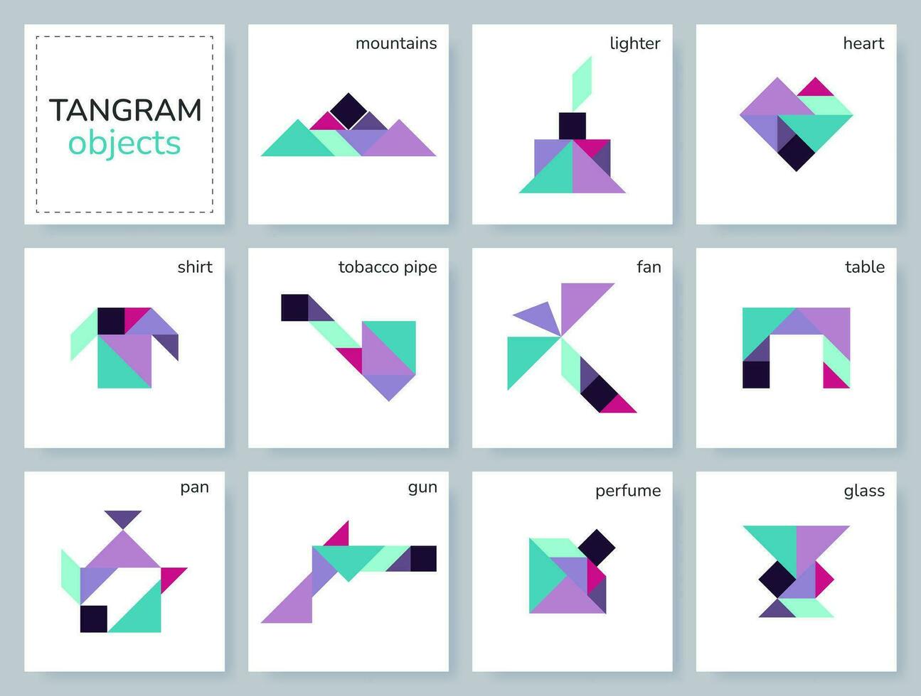 tangram rompecabezas juego para niños. vistoso geométrico colección con aislado objetos. tangram varios íconos en blanco fondo. vector ilustración