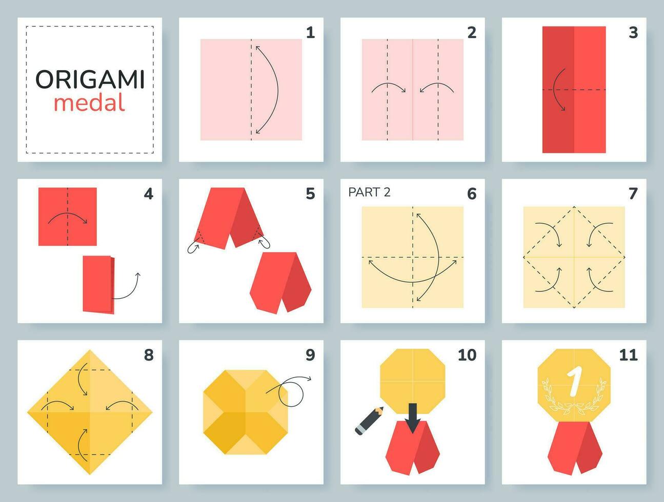 Medal origami scheme tutorial moving model. Origami for kids. Step by step how to make a cute origami medal. Vector illustration.