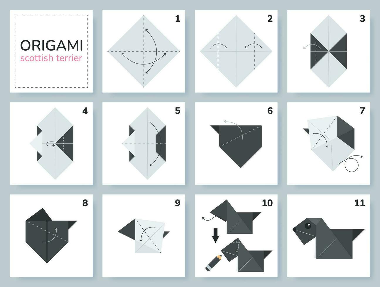 Scottish terrier origami scheme tutorial moving model. Origami for kids. Step by step how to make a cute origami dog. Vector illustration.