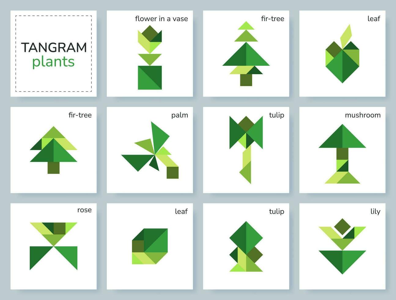 Tangram puzzle game for kids. Geometric colorful collection with various isolated plants, flowers, leaves, trees. isolated Tangram icons on white backdrop. Vector illustration