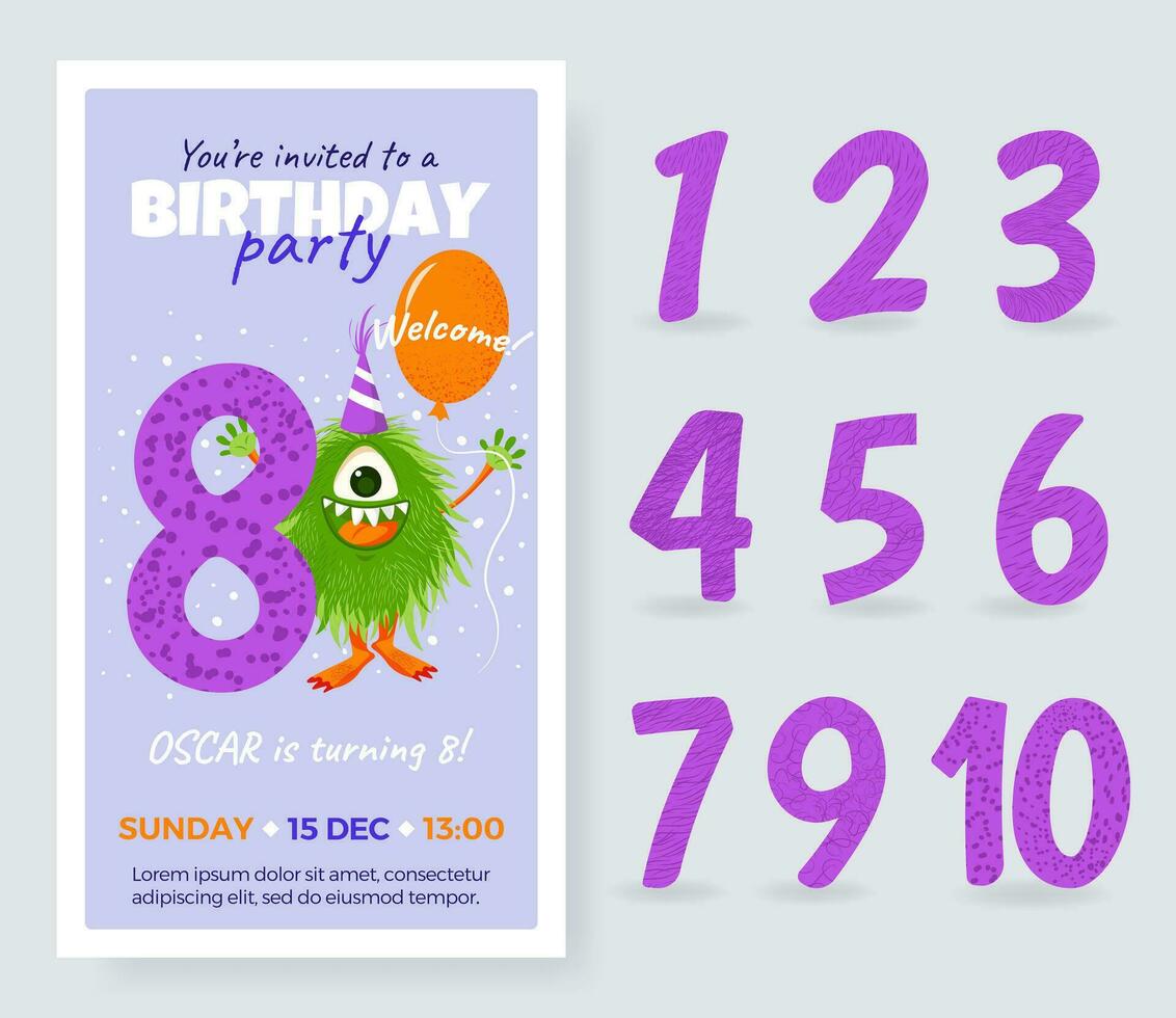 contento cumpleaños tarjeta con linda dibujos animados monstruo, número y globo. cumpleaños aniversario números desde 1 a 10 para diferente edad. cumpleaños fiesta invitación tarjeta, aislado modelo para niños. vector. vector