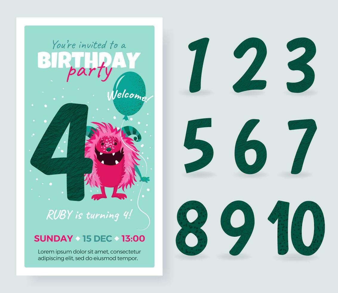 contento cumpleaños tarjeta con linda dibujos animados monstruo, número y globo. cumpleaños aniversario números desde 1 a 10 para diferente edad. cumpleaños fiesta invitación tarjeta, aislado modelo para niños. vector. vector