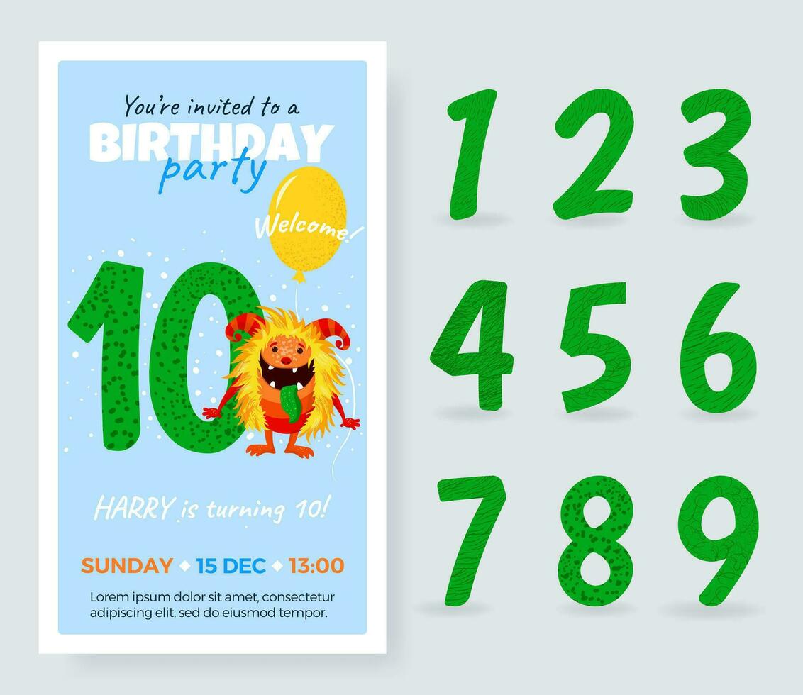 contento cumpleaños tarjeta con linda dibujos animados monstruo, número y globo. cumpleaños aniversario números desde 1 a 10 para diferente edad. cumpleaños fiesta invitación tarjeta, aislado modelo para niños. vector. vector