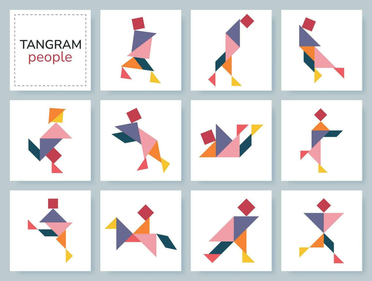 Tangram puzzle game for kids. Colorful geometric collection with isolated people in various poses. isolated Tangram people icons on white backdrop. Vector illustration