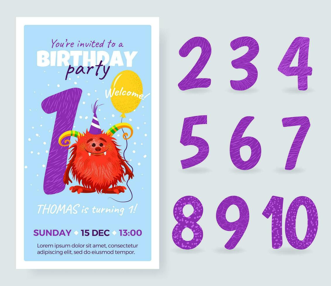 Happy Birthday card with cute cartoon monster, number and balloon. Birthday Anniversary Numbers from 1 to 10 for different age. Birthday Party Invitation Card, isolated template for kids. Vector. vector