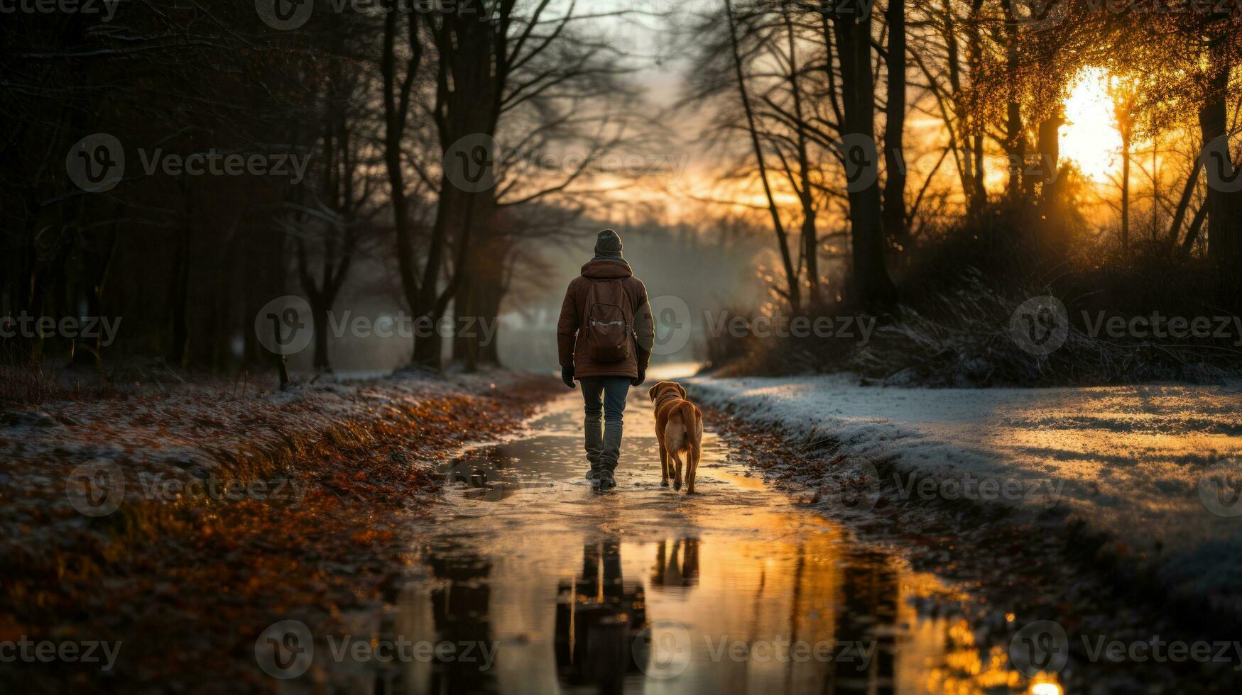 espalda de hombre caminando con su perro en un charco a puesta de sol en invierno. foto