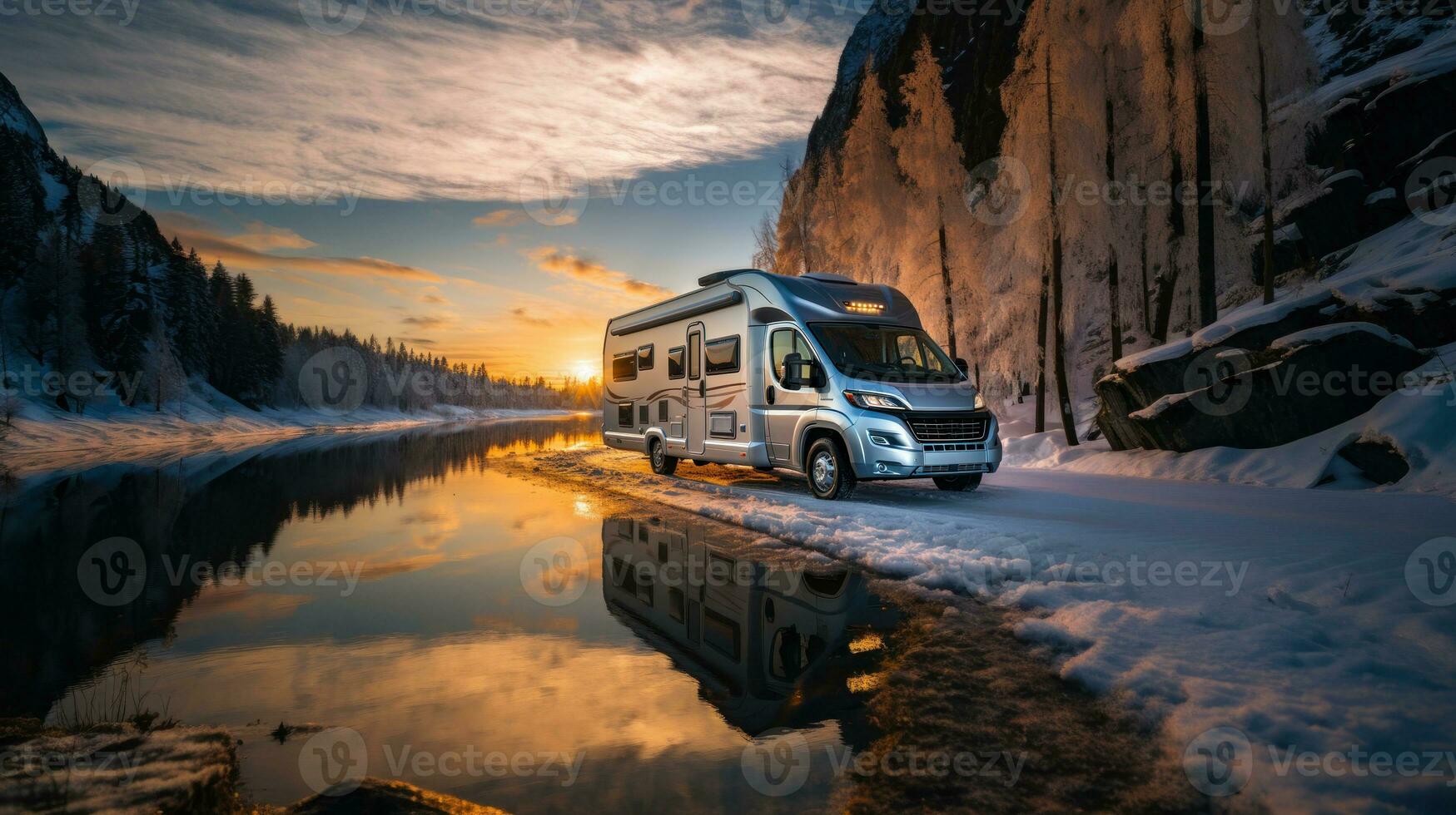 Camper car rv camping in mountains. Winter landscape with motor home. photo