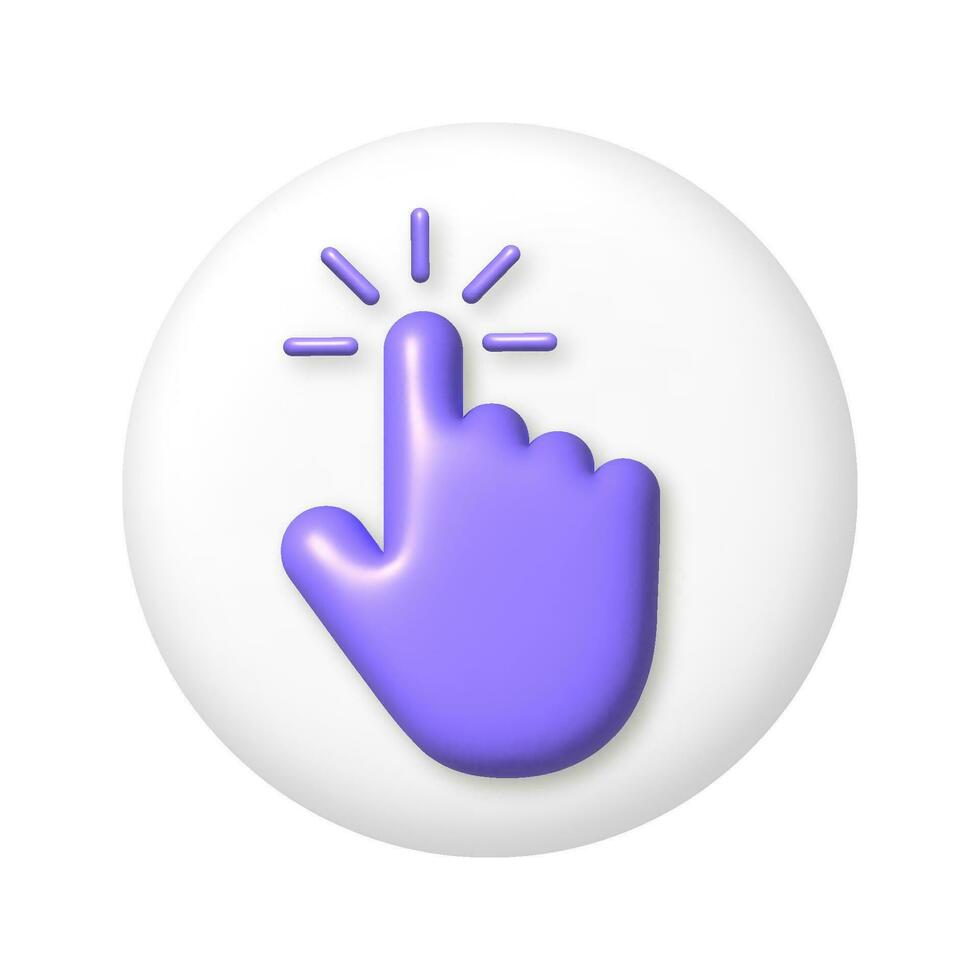 Purple computer cursor hand pointing icon on white round button. 3D vector illustration.