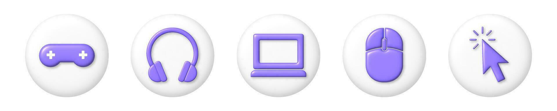 Purple computer gadgets icons on white round buttons. Laptop, headphones, console, mouse, arrow cursor. 3D vector illustration.