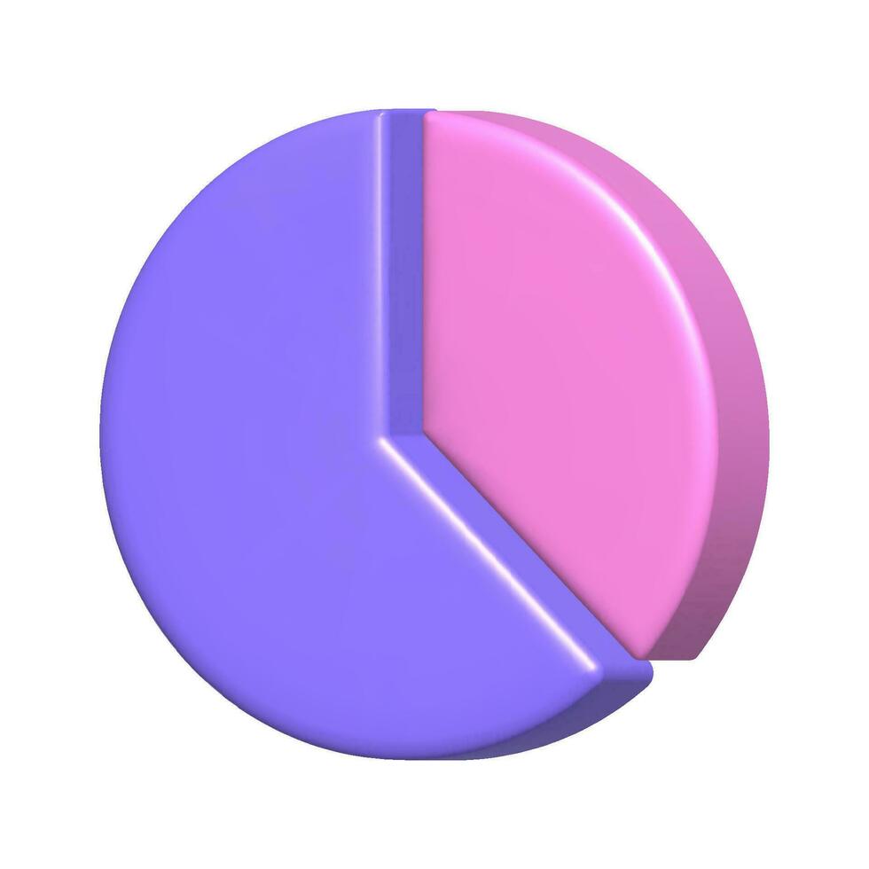 Purple and pink pie chart. Geometric shape in cartoon style. 3D vector illustration.