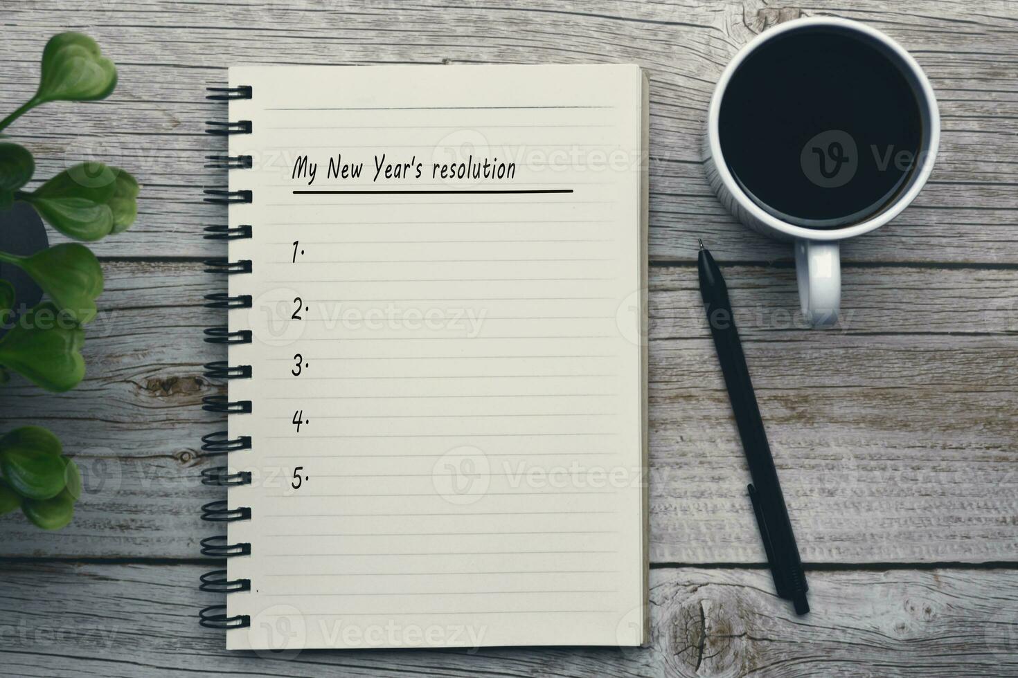 My new year's resolution text on notepad on wooden desk. photo