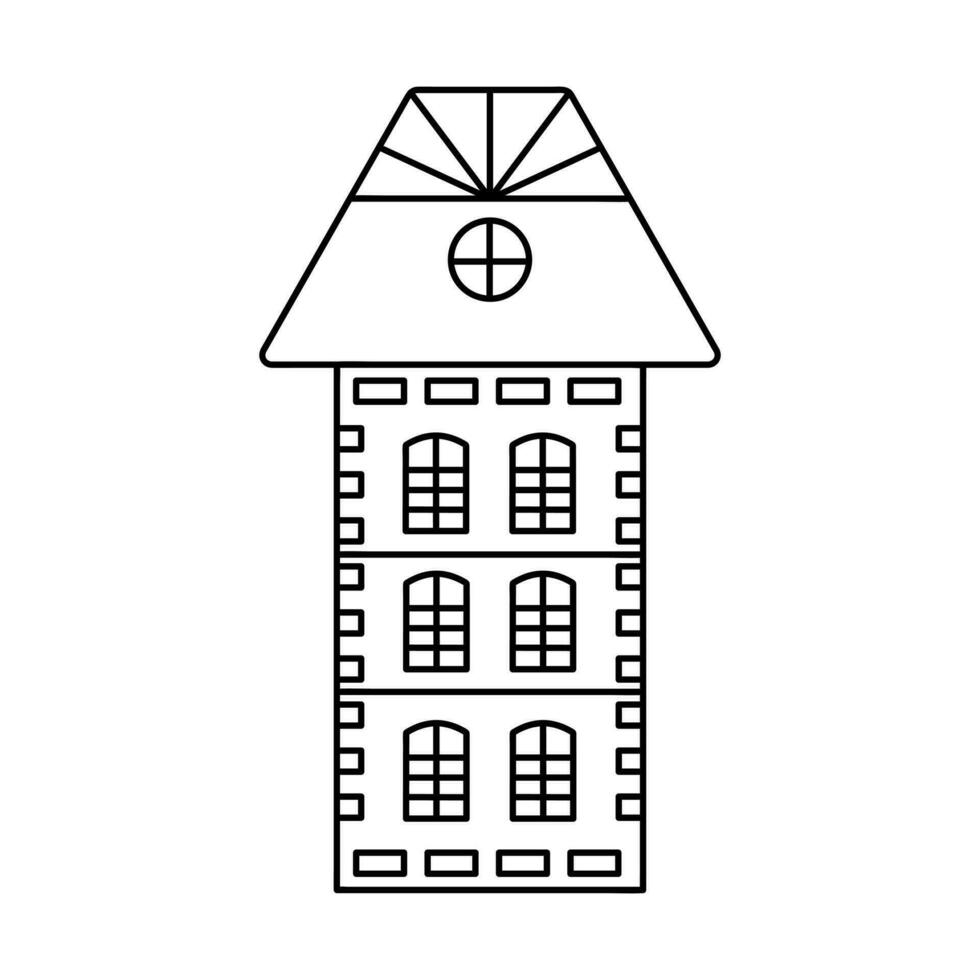 Cute scandinavian doodle house. Dutch canal linear home. Traditional architecture of Netherlands, Belgium and Amsterdam. Hand drawn vector illustration isolated on white background.