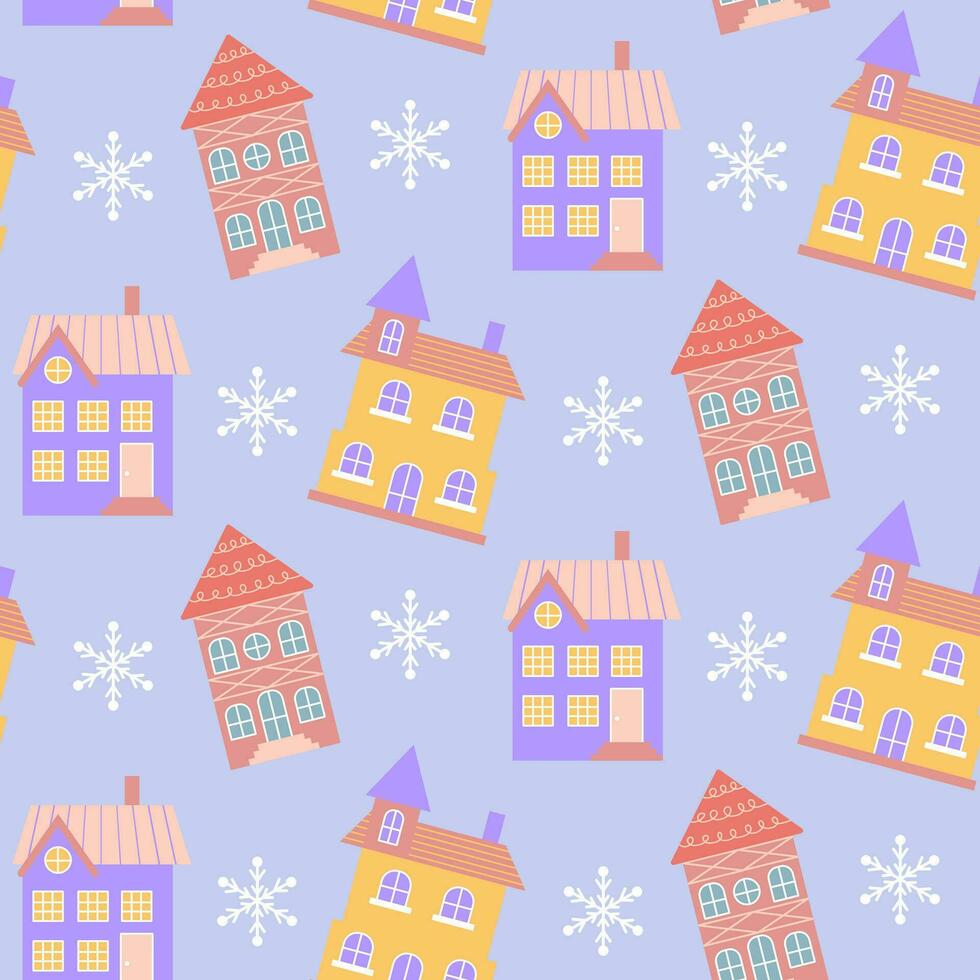 Scandinavian houses and snowflakes seamless pattern. Perfect for cards, invitations, wallpaper, banners, kindergarten, baby shower, children room decoration. vector