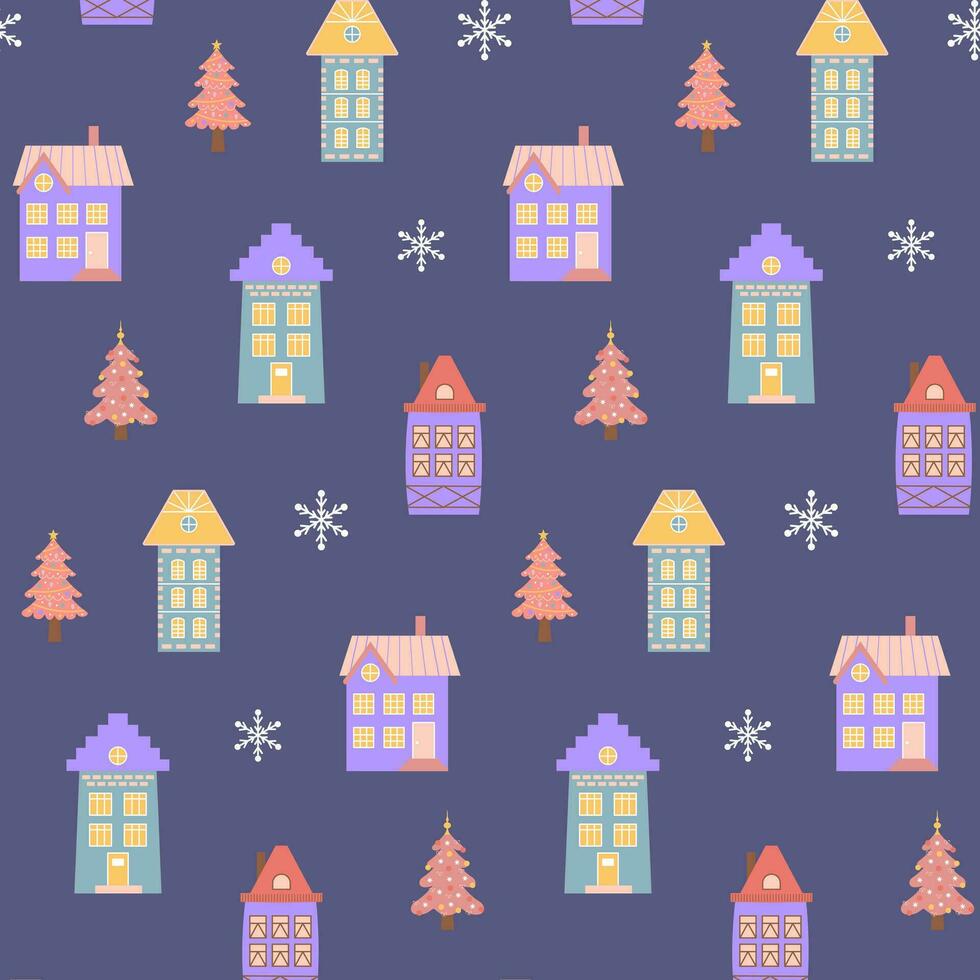 Scandinavian houses, pink Christmas trees and snowflakes seamless pattern. Perfect for cards, invitations, wallpaper, banners, kindergarten, baby shower, children room decoration. vector