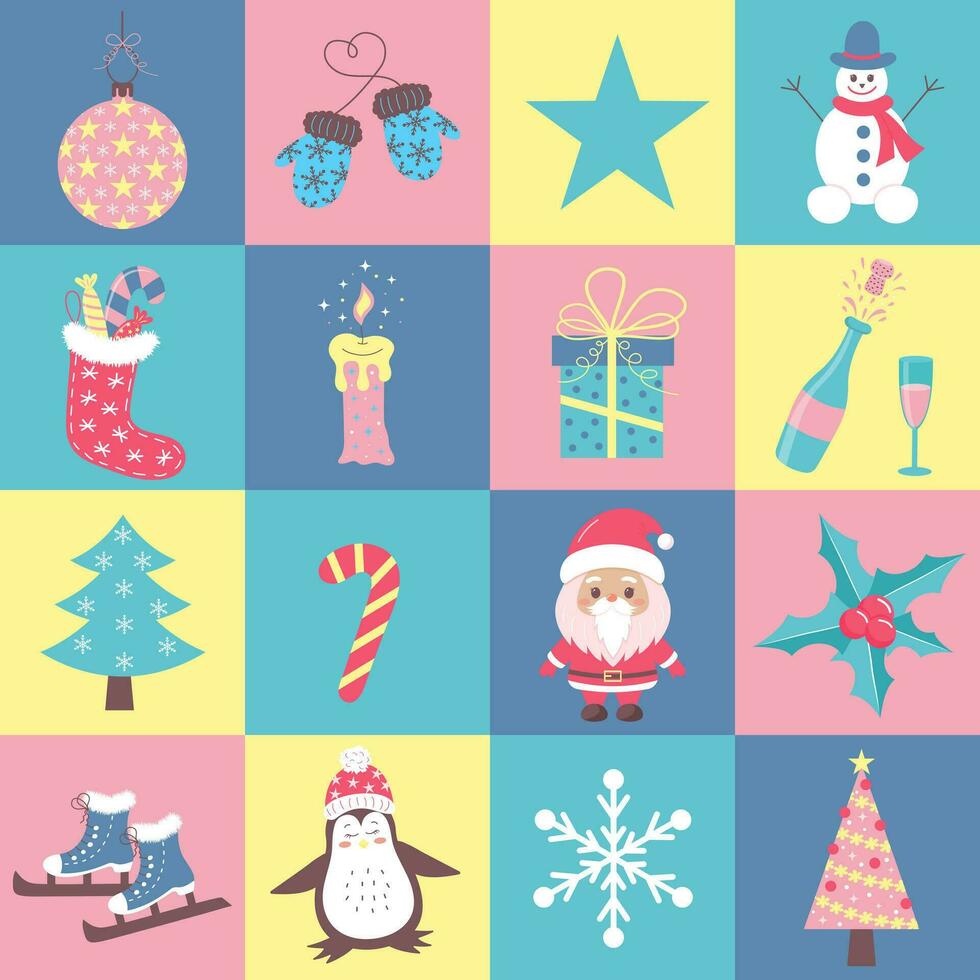 Christmas icons, characters, elements with geometric seamless square pattern for wrapping paper, background, wallpaper. Geometric pastel checkered print. vector