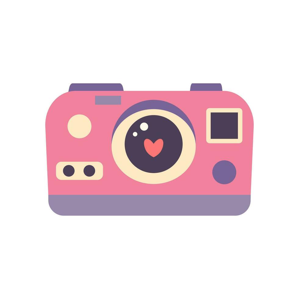 Cute retro photo camera with a heart. Modern digital device with lens in vintage style. Flat cartoon vector illustration isolated on a white background.