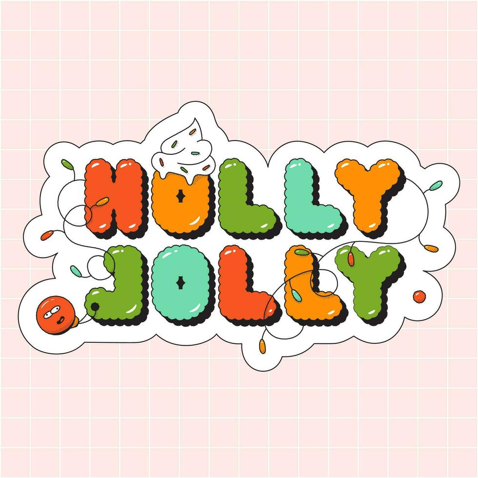 Sticker Christmas groovy Holly Jolly. Noel garland toys creamy cap. vector