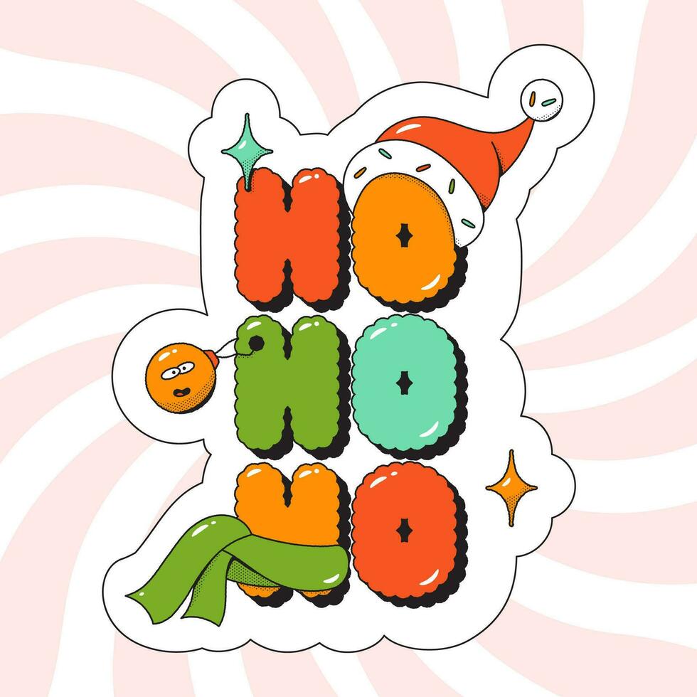 Christmas groovy sticker text ho-ho-ho. Noel hat, scarf and toys. vector