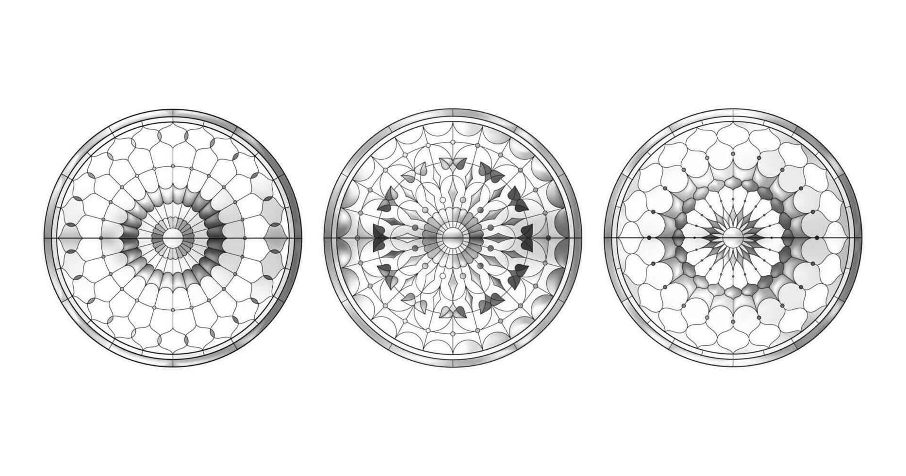 Glass church windows. Three Catholic black and white circles. vector