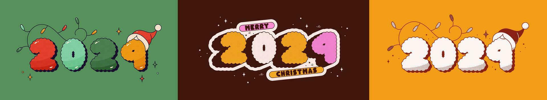 Christmas groovy set of posters with text 2024. Noel hat and garland. vector