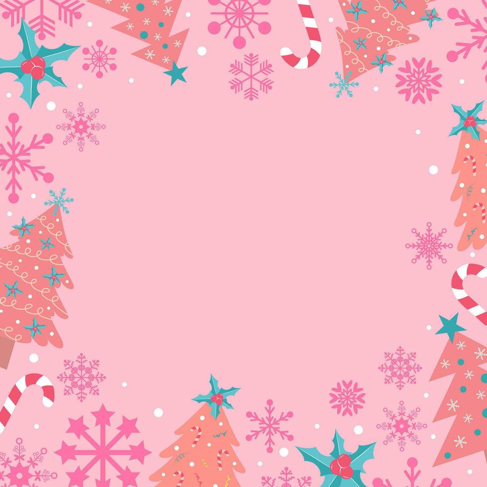 Pastel pink background with snowflakes, Christmas trees, holly berries and candy cane. Festive Xmas design. Glamour pinkmas style. Empty space for your text. Template for cards, banner, poster. vector