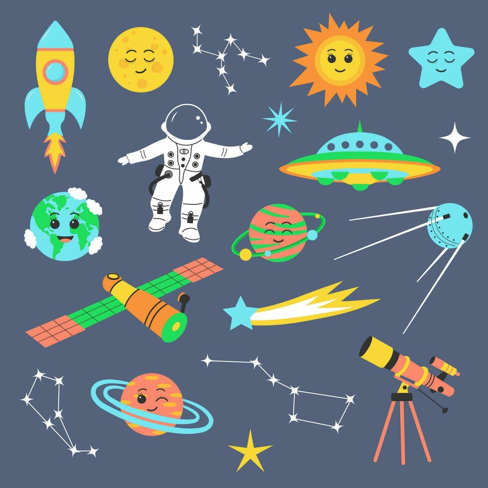 linda exterior espacio universo colocar. cósmico haz con dibujos animados planetas, astronave, satélites, astronauta y constelaciones colección de ingenuo estelar pegatinas vector