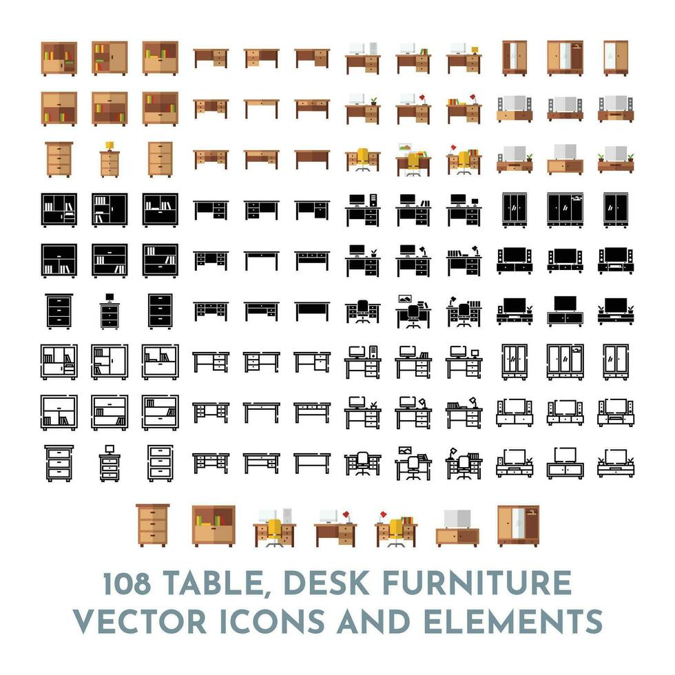 108 Vector Table Desk Furniture Elements and Icons Pack