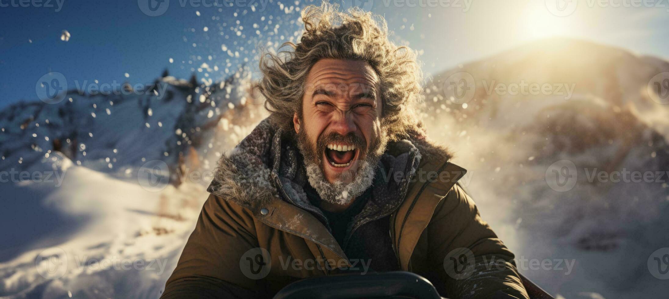 Thrilled person swiftly sledding down a chilly snow laden hillside scene photo