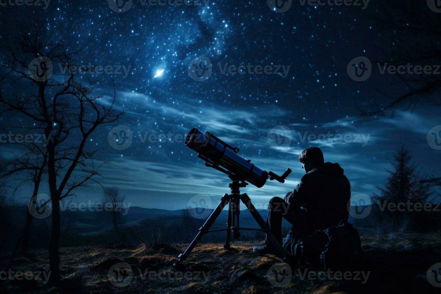 Astronomer documenting observations in dark sky reserve background with empty space for text photo