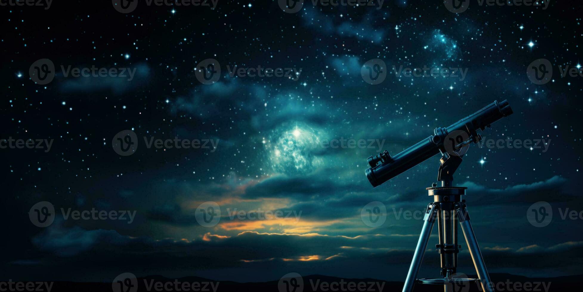 Stargazing equipment against a night sky backdrop background with empty space for text photo