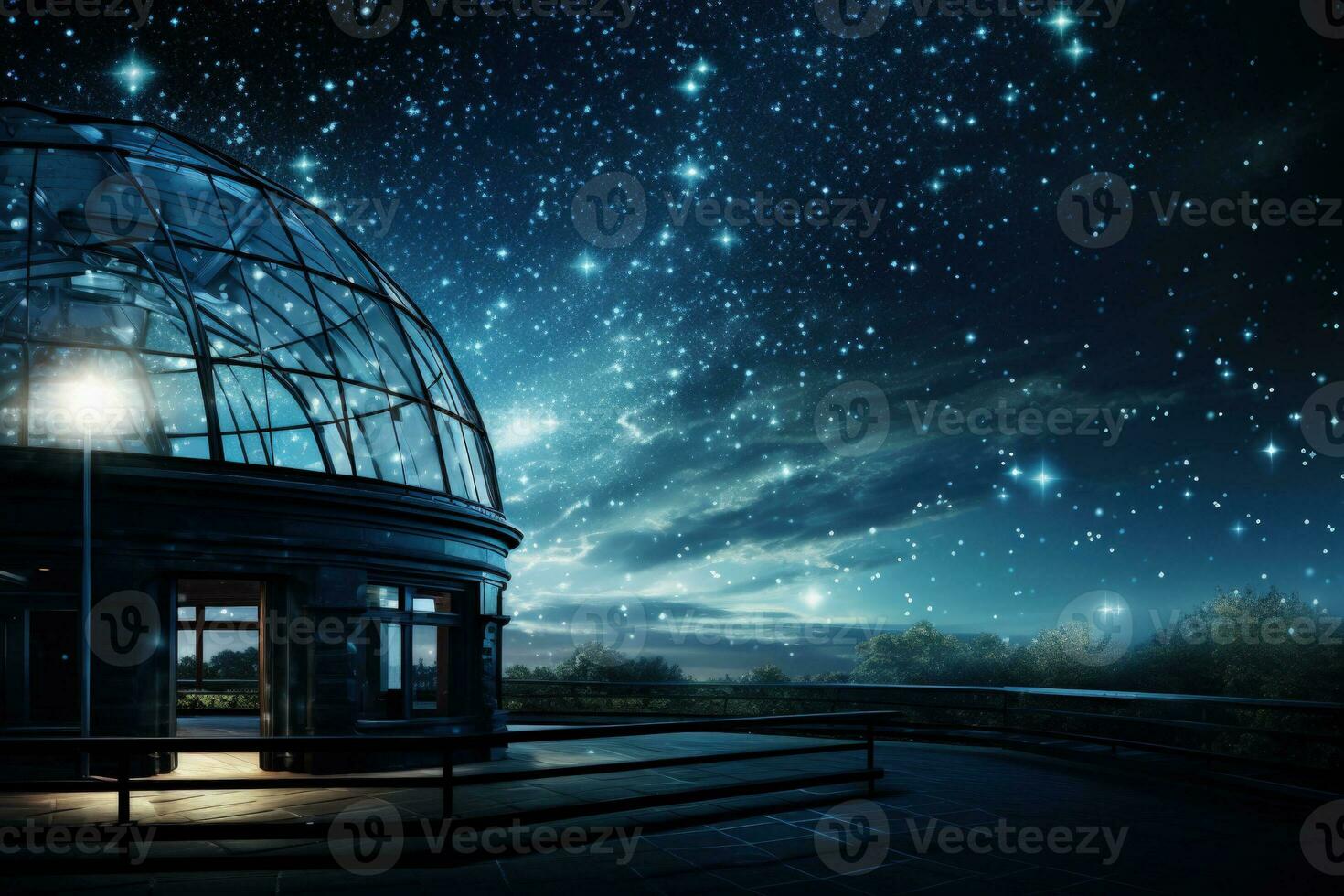 Observatory dome opening under stars background with empty space for text photo