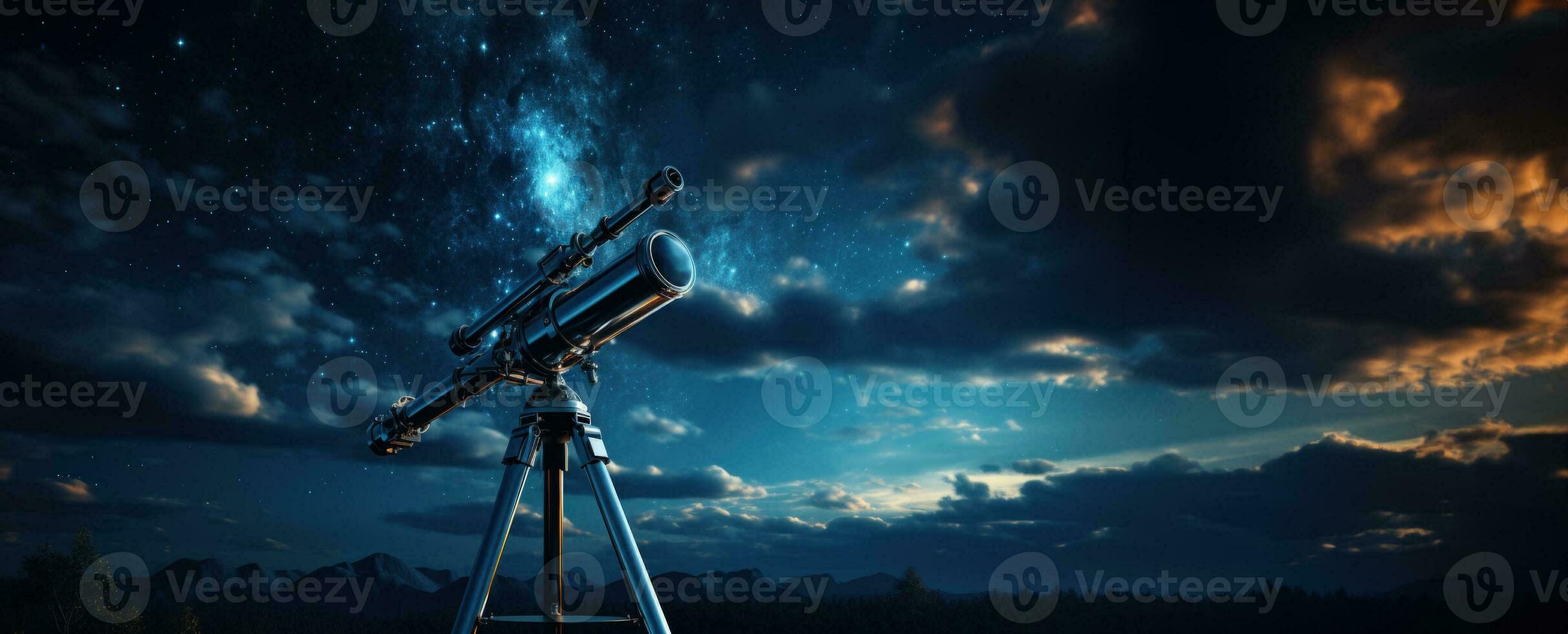 Stargazing equipment against a night sky backdrop background with empty space for text photo