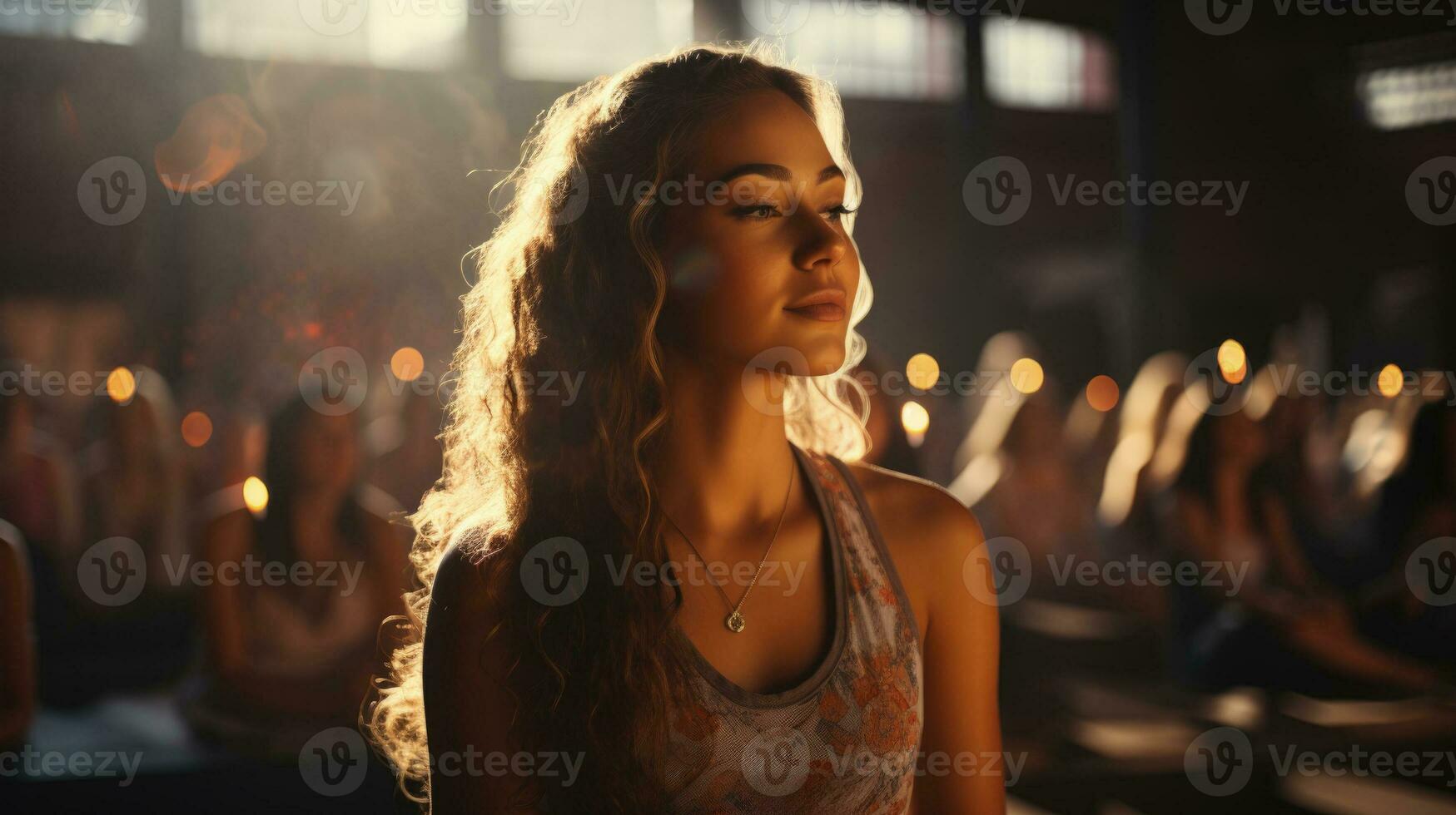 Deep inhale and exhale in yoga class background with empty space for text photo