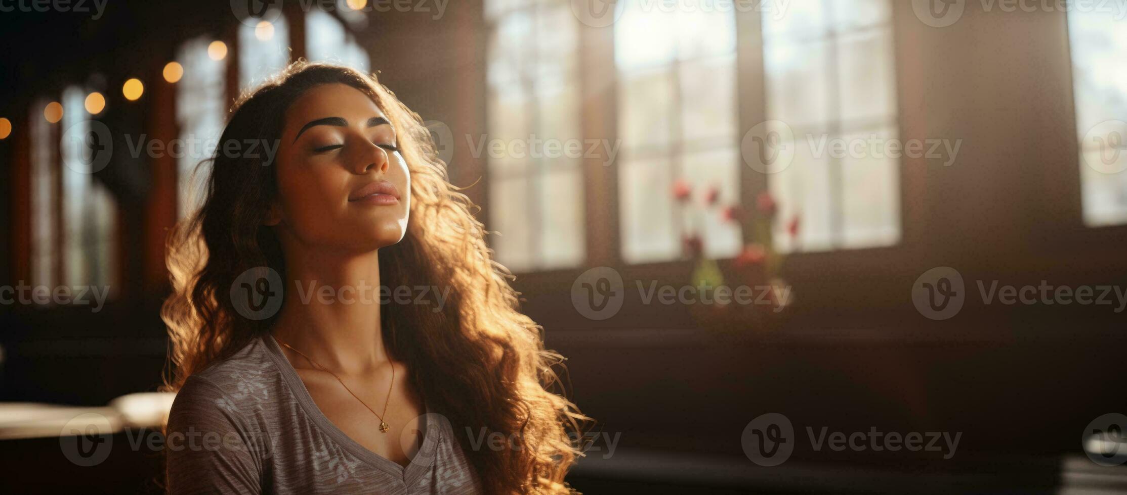 Deep inhale and exhale in yoga class background with empty space for text photo