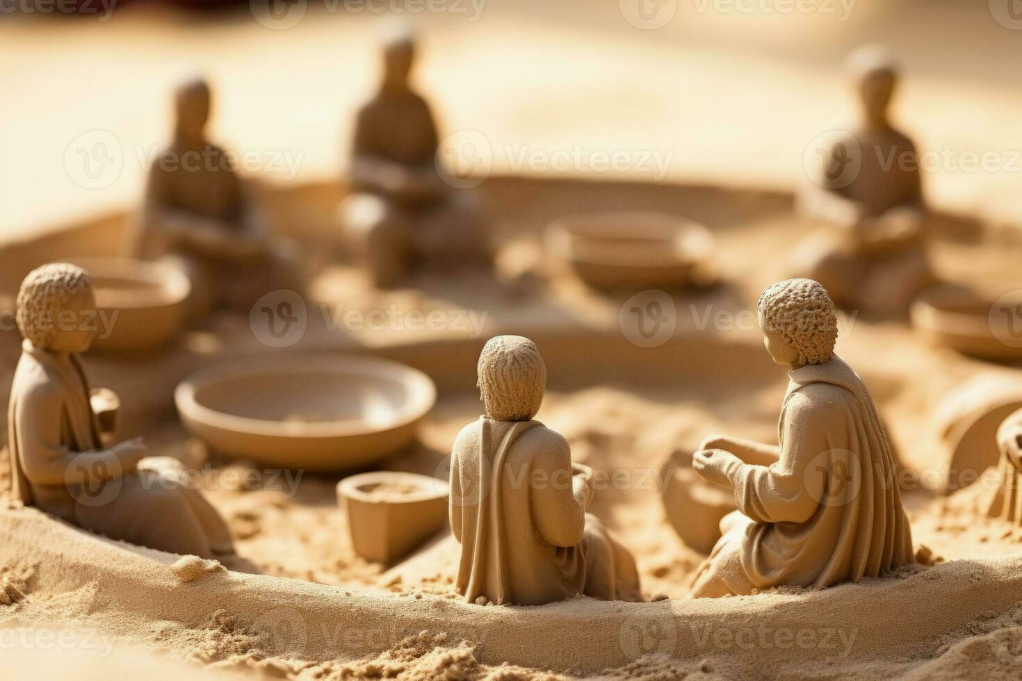 Miniature figures arranged in sand for therapy background with empty space for text photo