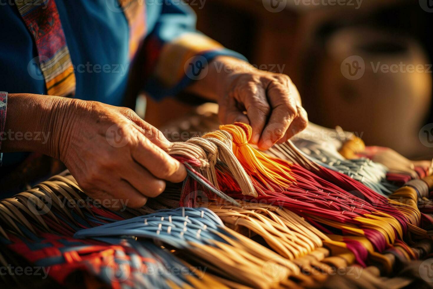 Hands weaving on a traditional loom background with empty space for text photo