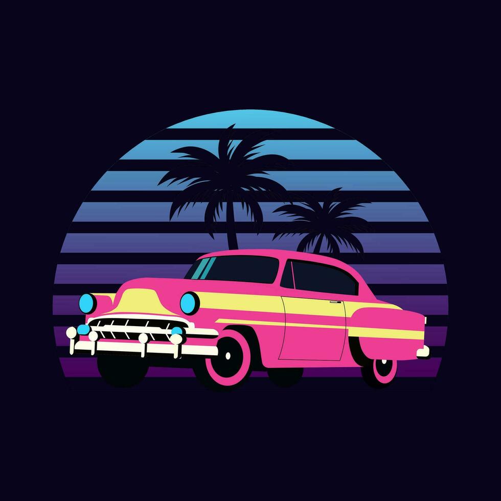 Car in retro neon style. Vector illustration.